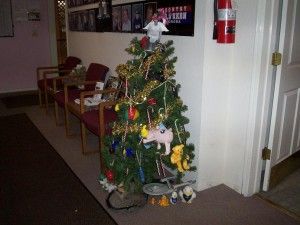 Radio Christmas Tree Whatever is laying around the office is on it.